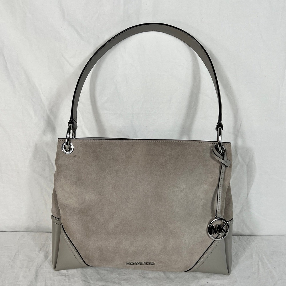 Michael Kors Handbag Gray Taupe Suede Leather Hobo Shoulder Bag Silver MK‎ Logo